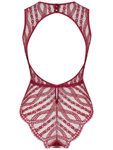 A back view a red scalloped Leaver's lace bodysuit with a silk bound edge open back, eyelash trim, a red silk covered button and a red silk waistband, designed in London and made in Portugal.
