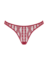 A delicate Brazillian knicker made from a red floral French leaver's lace and scallop edge details.