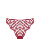 The back view of  a delicate Brazillian knicker made from a red floral French leaver's lace and scallop edge details.