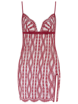 A short red slip made from a delicate red French leaver's lace with a plunging neckline and side split at the bottom right leg. The neckline and hemline feature a scalloped edge lace detail. There is a red silk under band and shoulder straps.
