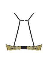 Black underwire quarter cup bra shown from the back with black silk straps and gold rose scallop edge embroidery around the middle strap from the back on a clear background 