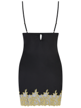 black silk slip with gold rose embroidery detailing across the chest and down the front into a slit on the thigh, embroidery then continues throughout the hem on a clear background from the back 