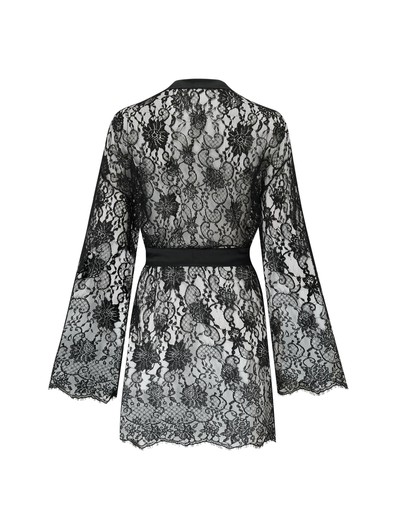 A black Leaver's lace robe with scalloped hem and sleeves, featuring a jet black silk tie.