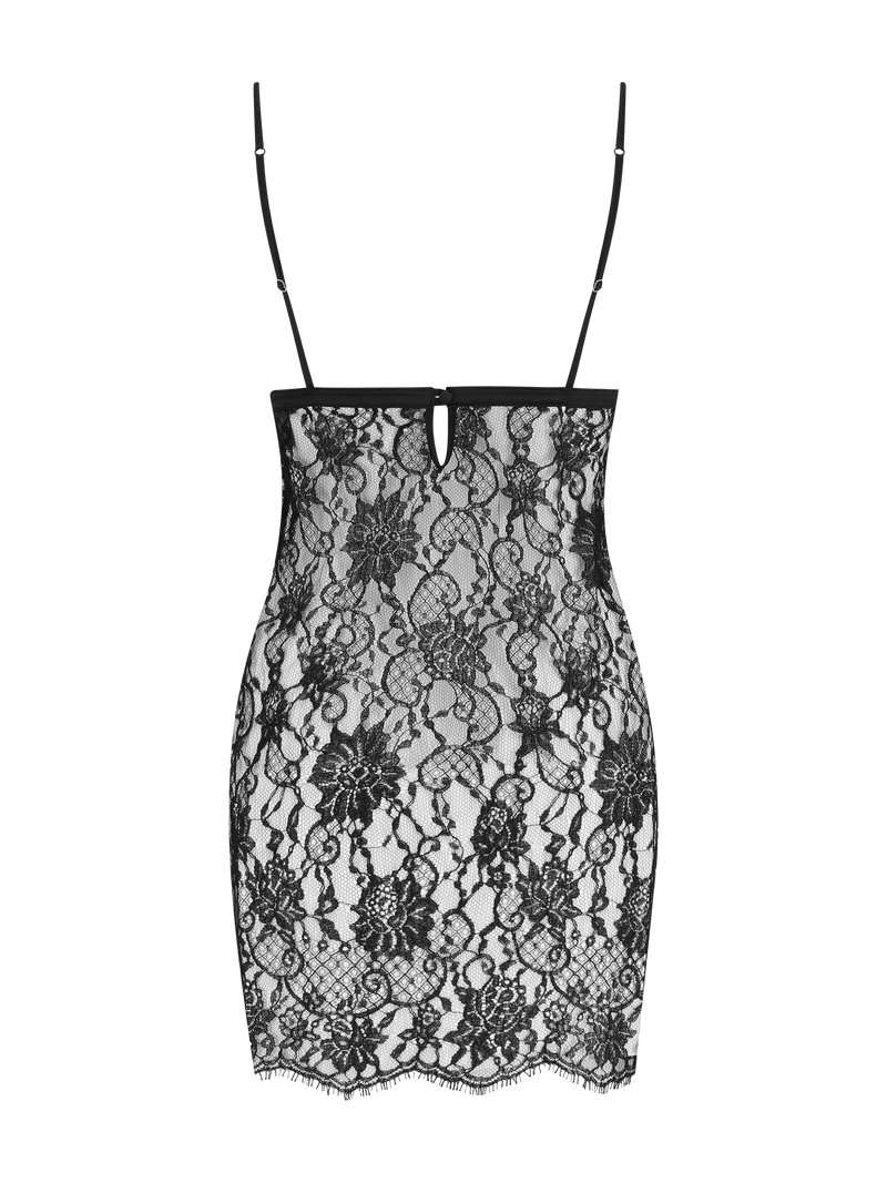 A black, French Leaver's lace slip dress with triangle cups, delicate eyelash edging, and silk straps