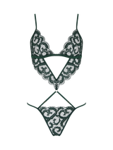 Dark green lingerie playsuit with a floral embroidery.
