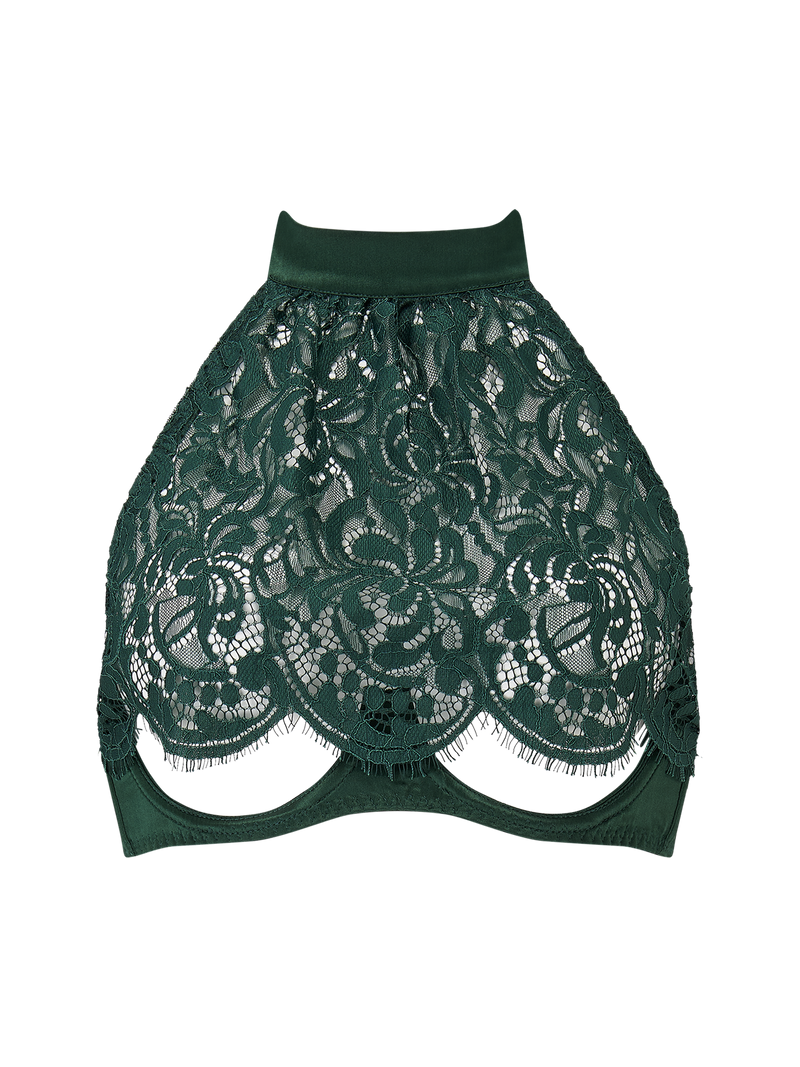 Isara deep green lace halter bra with silk scalloped lace up to the neck and an ouvert underwire design.