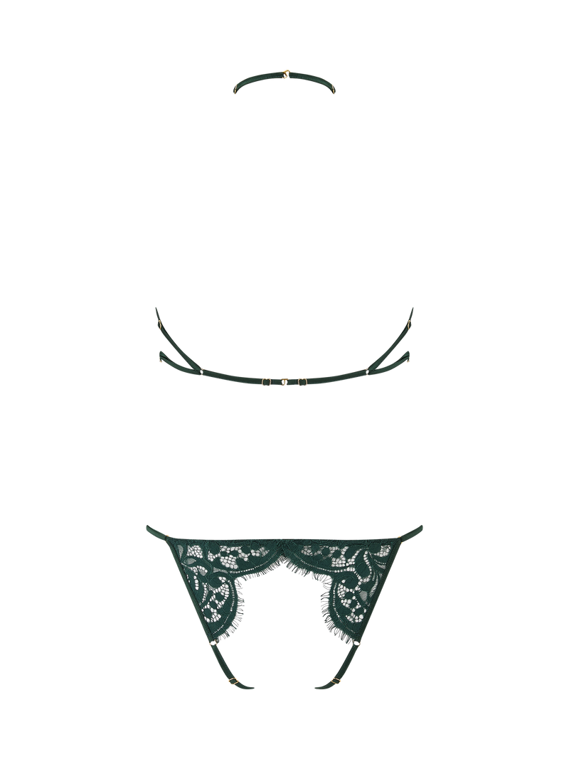 An open playsuit in forest green featuring delicate lace and silk straps, featuring an open design for the breasts and the bum.