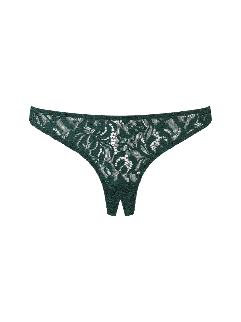 Coco de Mer Isara Open Thong with deep green scalloped lace and two opening panels of rich green silk.