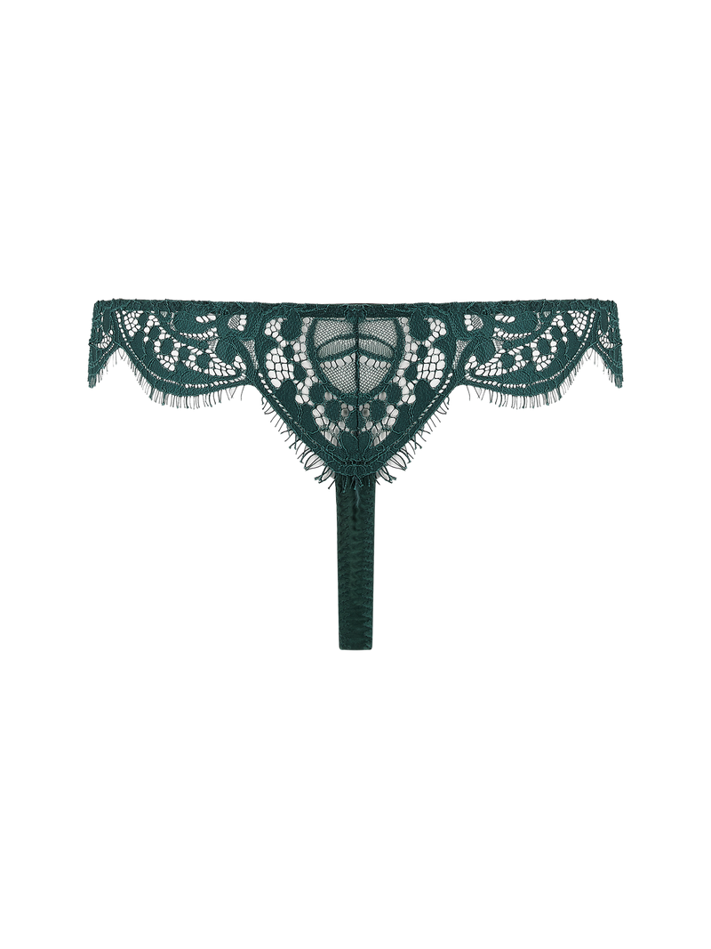 Coco de Mer Isara Open Thong with deep green scalloped lace and two opening panels of rich green silk.