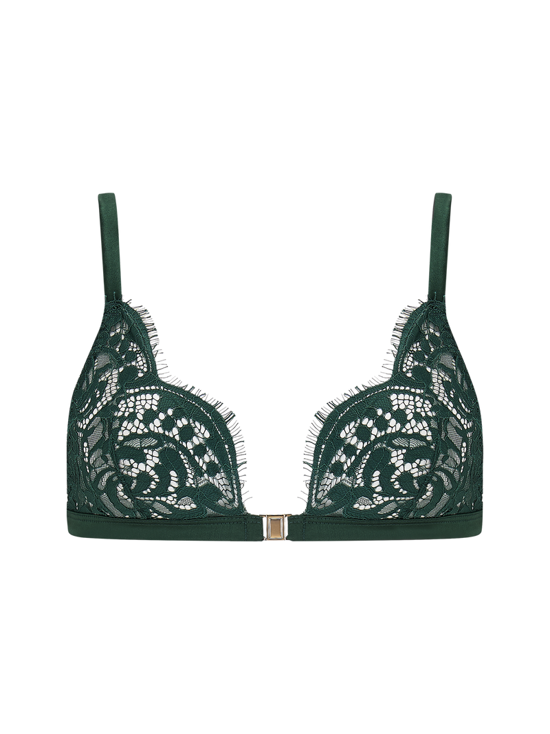 Isara deep green lace triangle bra with delicate eyelash scallop trim, a silk underband, adjustable silk shoulder straps, and golden hardware.