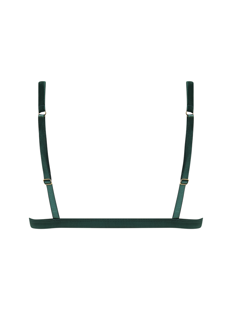 Isara deep green lace triangle bra with delicate eyelash scallop trim, a silk underband, adjustable silk shoulder straps, and golden hardware.