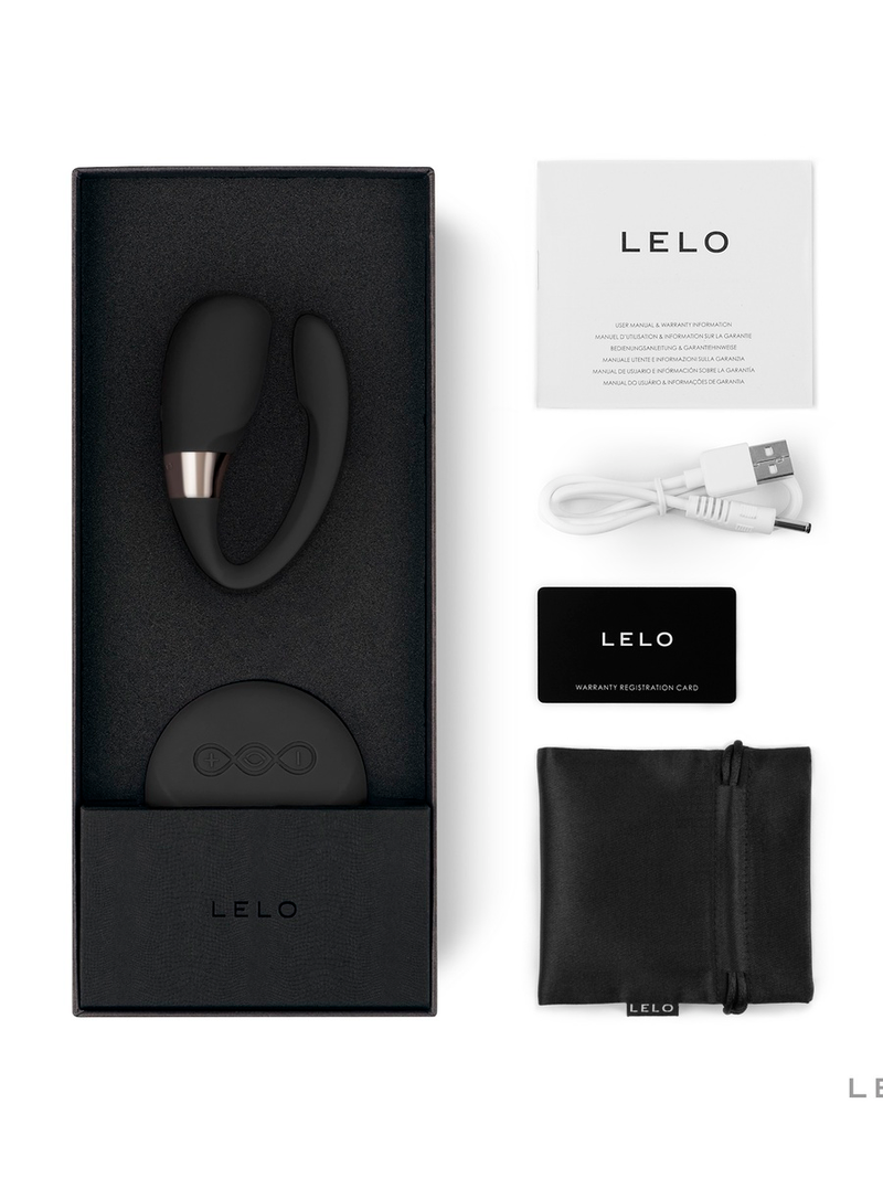 Lelo Tiani 3 couples c-shaped vibrator in classic black and gold, displayed in luxury packaging 