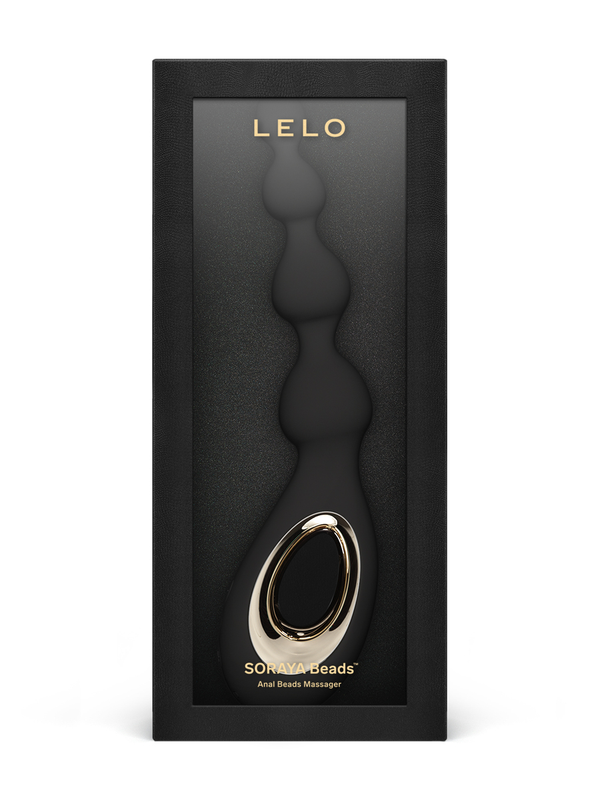 Lelo Soraya vibrating anal beads in silky soft black silicone, shown in a luxury box