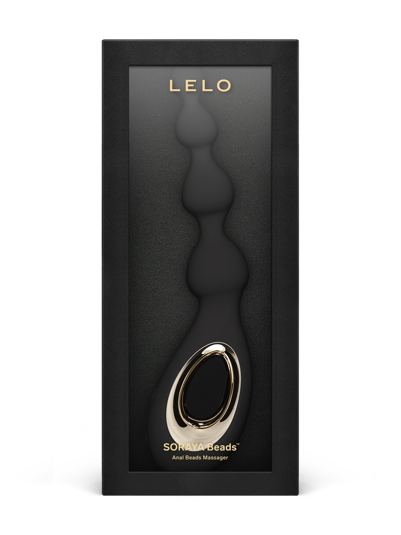 Lelo Soraya vibrating anal beads in silky soft black silicone, shown in a luxury box
