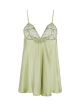 Pistachio green, silk baby doll with botanical embroidered cups 