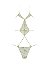 Mint green embroidered open set lingerie on a clear background 