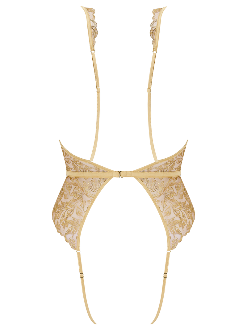 Luxury Gold Embroidery Open Playsuit for a Sensual Lingerie Look