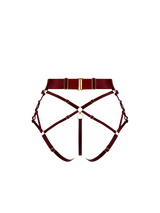Back image cut out of morello harness brief with thick high waist strap attached to multiway harness straps across the buttocks, gold adjustable attachments shown on each strap, gold ring detailing centrally across the buttocks 
