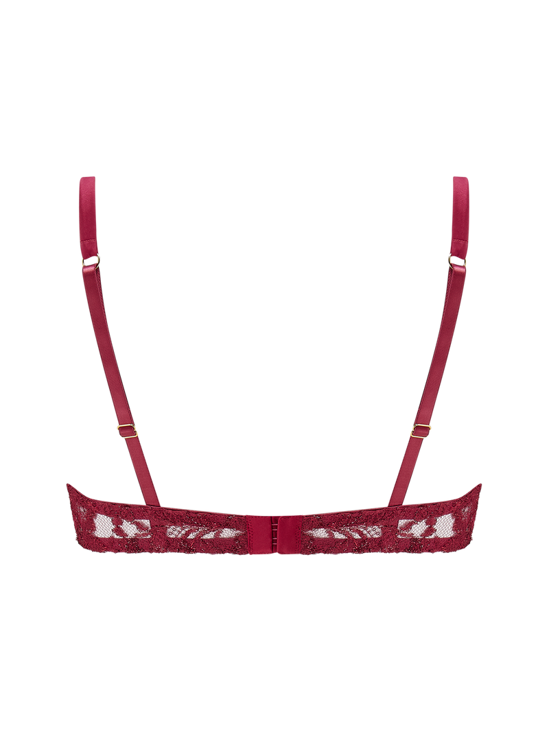 Coco de Mer Naraya red lurex Leaver's lace balcony bra with floral pattern, adjustable straps, and the delightful cut out detail adding drama.