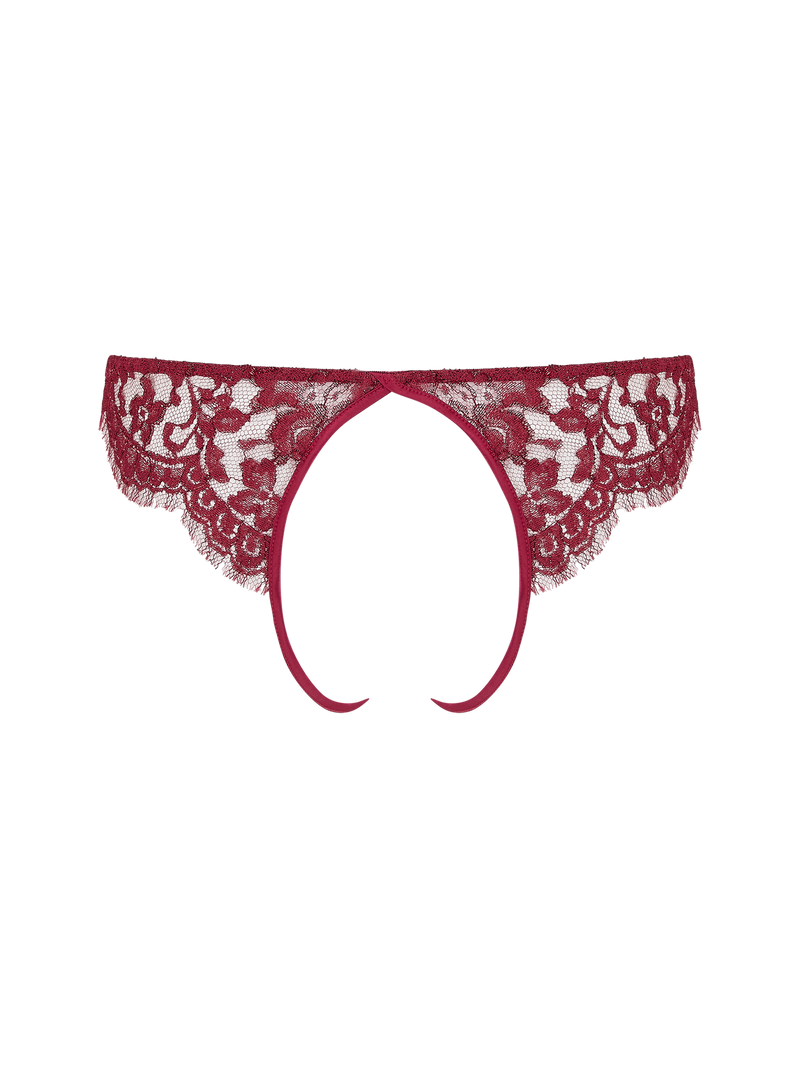 A red lurex Leaver's lace open knicker with scalloped panels and a sleek silk band and an open back