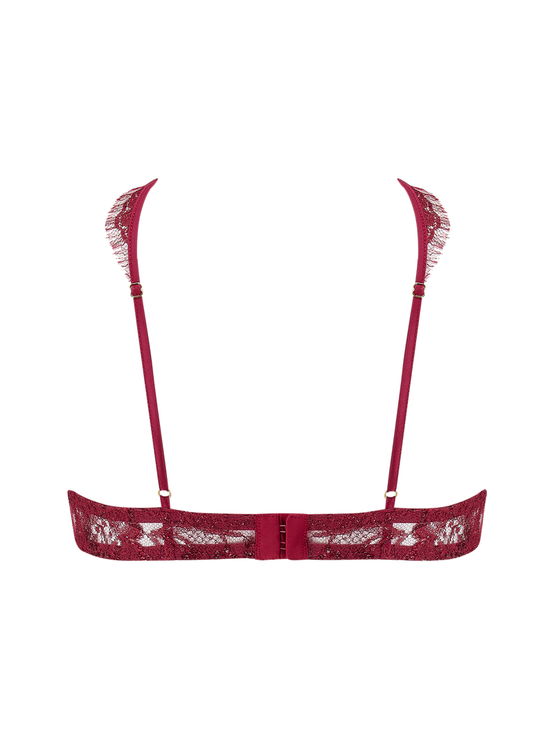 A red lurex French Leaver's lace quarter cup bra with silk shoulder straps featuring scalloped eyelash lace trims and a wired silhouette to give a beautiful silhouette. 