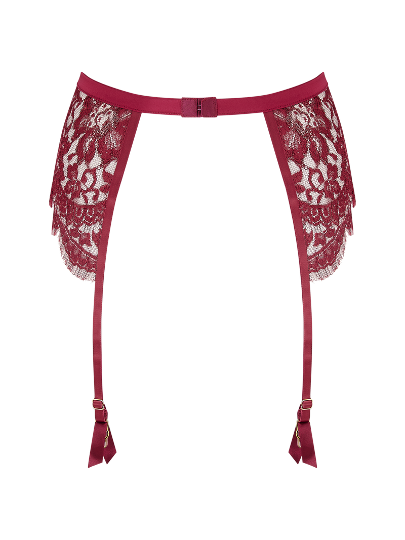 Kiana suspender belt with red lurex Leaver's lace in a foral design, scalloped eyelash trim and adjustable silk straps