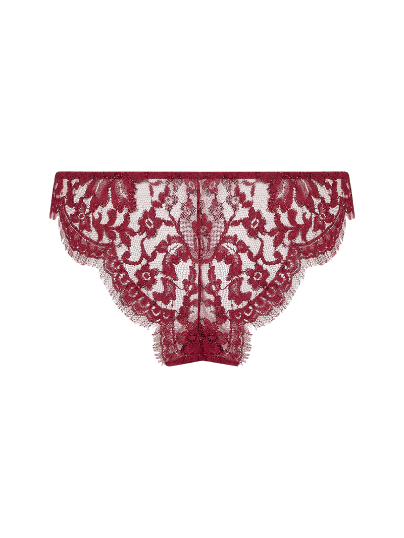 A red lurex Brazilian knicker with intricate Leaver's Lace pattern and scalloped edges.