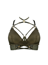 Front cut out image of olive multiway bra with mesh cups underneath adjustable harness straps, gold sliders across each strap going above the chest and following up to the neck