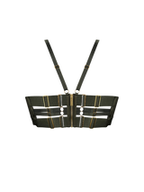 Back cut out image of olive multiway bra with a large central gold zip across the back of the under band with large gold sliders across adjustable straps, two straps across the back following up to to the shoulder area