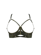 Front cut out image of olive multiway bra with exposed chest without harness across the front, gold sliders attached to straps 