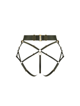 Back cut out image of olive harness brief with harness attached across the back, showing a thick high waist waistband with large gold sliders, adjustable straps across the bottom and through the center of the harness 