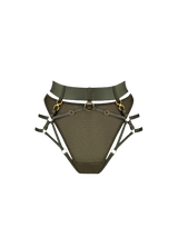 Front cut out image of harness brief with mesh knicker underneath, small gold sliders attached to adjustable straps across the front with a thick waist band and gold ring detailing centrally on the front 