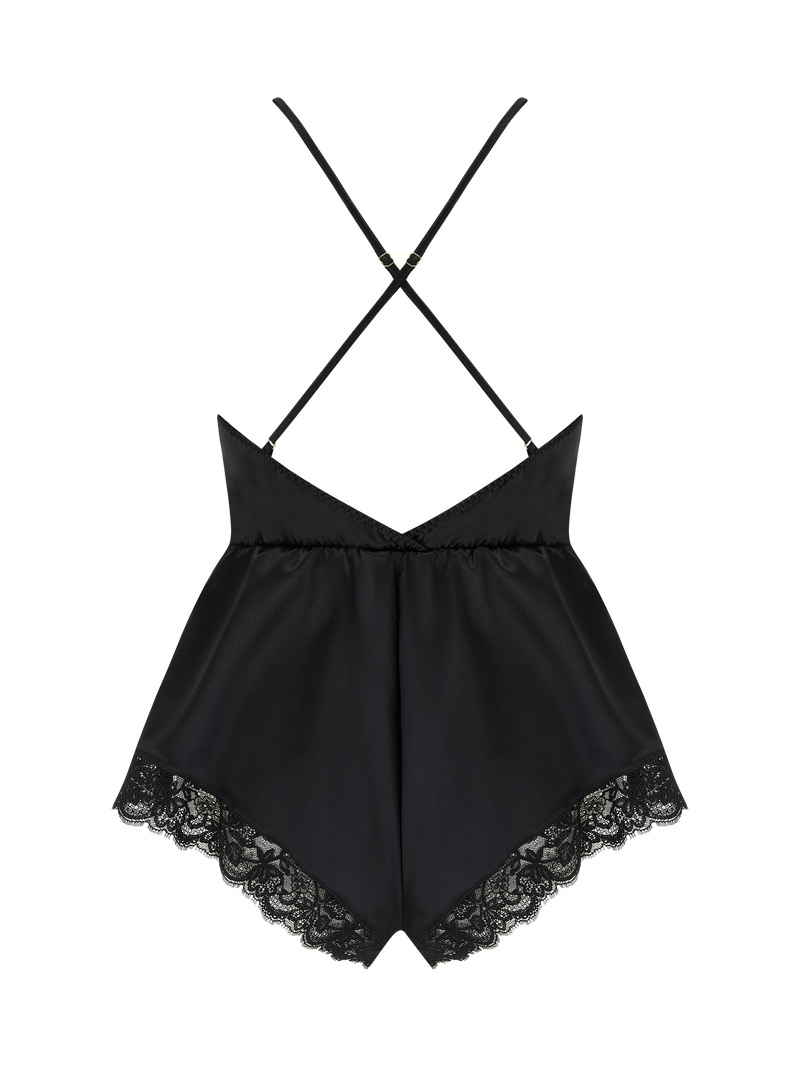 A black silk teddy with corded Leaver's lace trim, featuring a plunging neckline, low V back, and adjustable crossed silk straps. It has a high leg and pleated short design