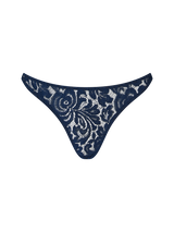 Brazilian knickers with sapphire lace detailing across the front shown on a clear background
