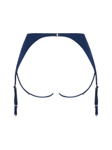 open suspender knicker with sapphire silk straps on a clear background from the back 
