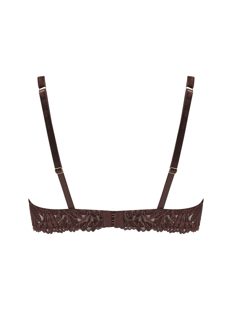 A brown Coco de Mer Tamia Balcony Bra with mocha embroidery, chocolate silk binding, and adjustable straps.