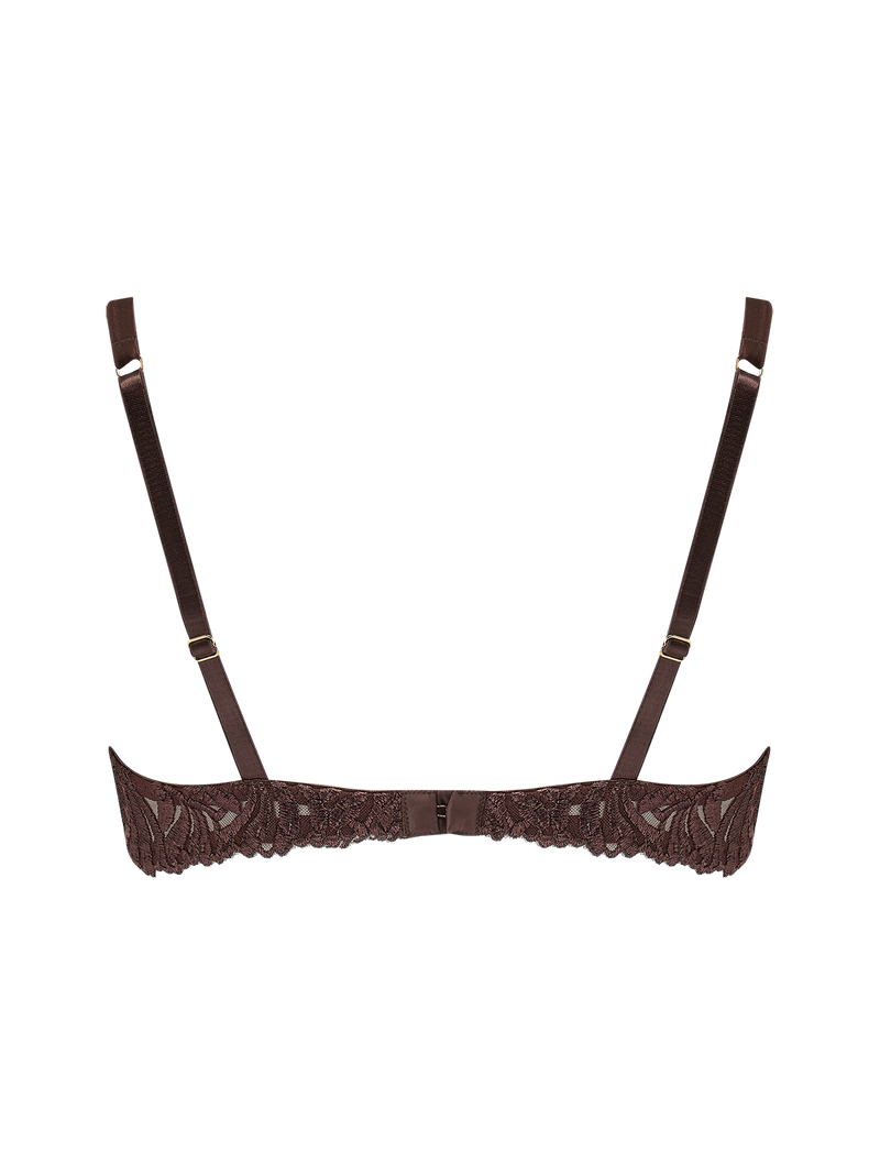 A brown quarter cup bra with chocolate silk underwires and mocha embroidery, adjustable silk-covered straps, and golden hardware.