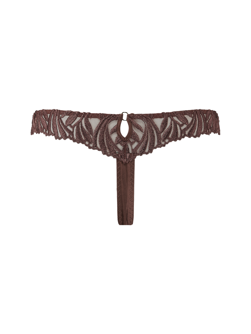 Tamia Brazilian Knicker with mocha-colored bespoke embroidery and silk bound strapping, featuring a scalloped edge