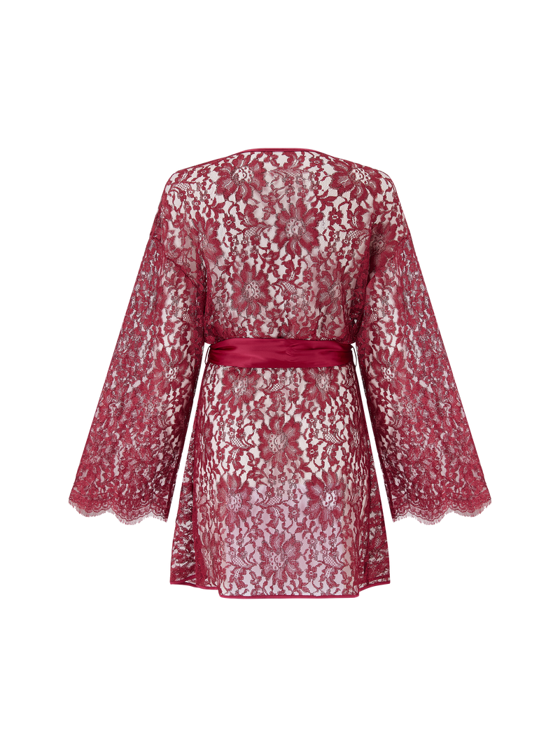 A red lurex leaver's lace robe with a silk belt, designed with wide sleeves and scalloped edges at the neckline and cuffs.