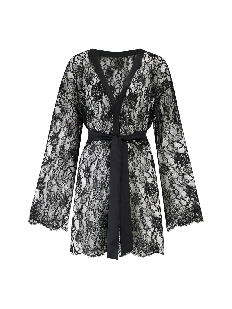 A black Leaver's lace robe with scalloped hem and sleeves, featuring a jet black silk tie.