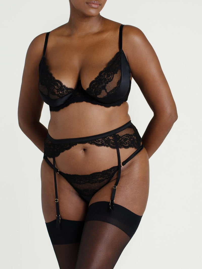 Seraphine Black Lace Plunge Bra, Suspender Belt & Brazilian Knicker