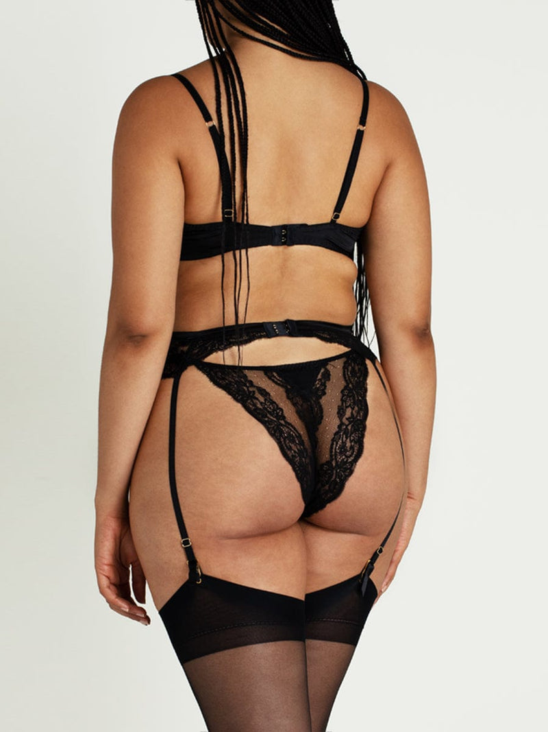 Seraphine Black Lace Plunge Bra, Suspender Belt & Brazilian Knicker