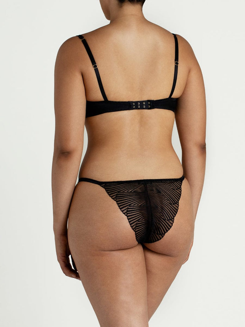 Athena Black Lace Balcony Bra & Brazilian Knicker shown on model from the back