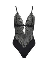 A black Coco de Mer Athena Bodysuit with graphic embroidery and a deep plunging neckline. It includes fan edged cups, an underbust band of jet black silk, adjustable silk straps, and gold hook and loop fastenings.