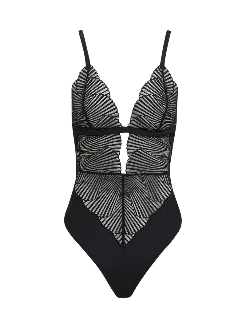 A black Coco de Mer Athena Bodysuit with graphic embroidery and a deep plunging neckline. It includes fan edged cups, an underbust band of jet black silk, adjustable silk straps, and gold hook and loop fastenings.