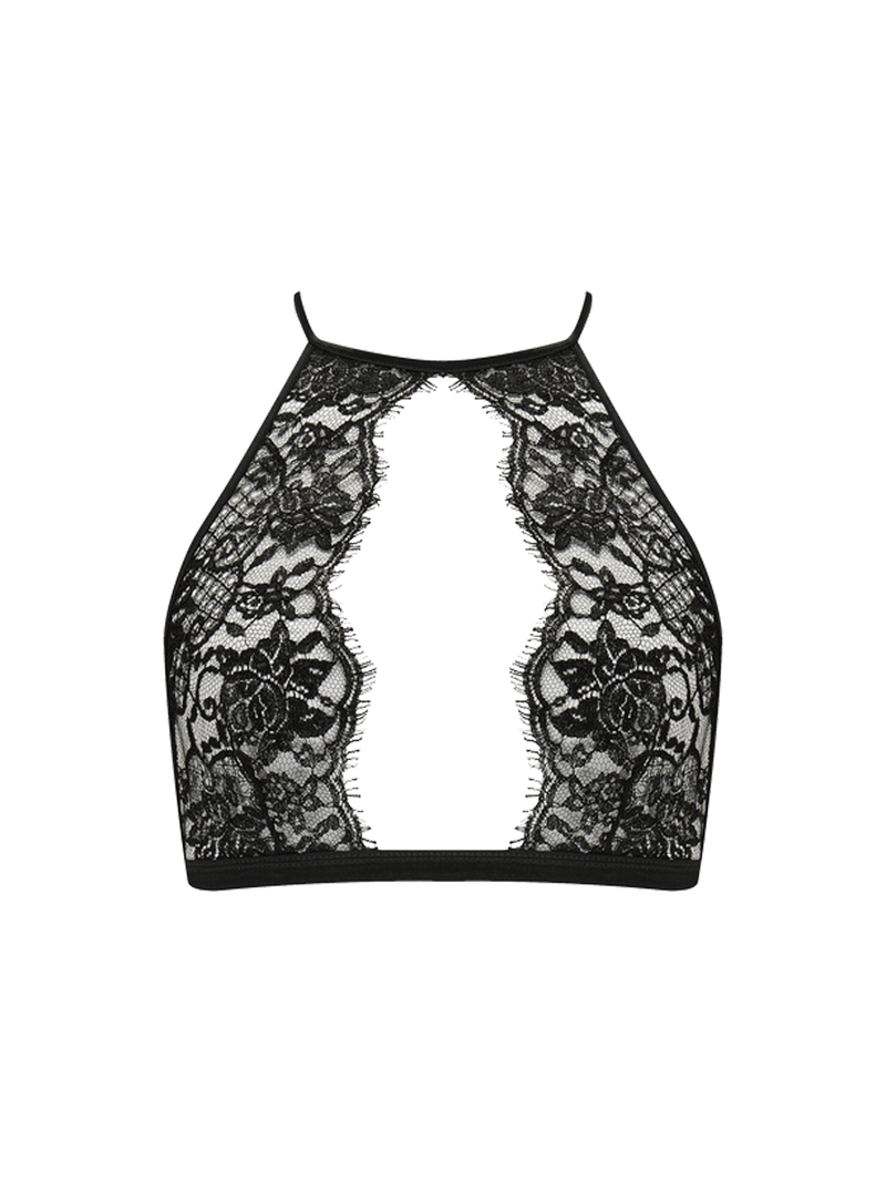 A black  Leaver's lace halter bra with an adjustable strap and gold clasps, designed with intricate floral patterns.