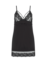 A black silk slip dress with French Leaver's lace detailing, featuring slim straps and a triangle lace cup design.