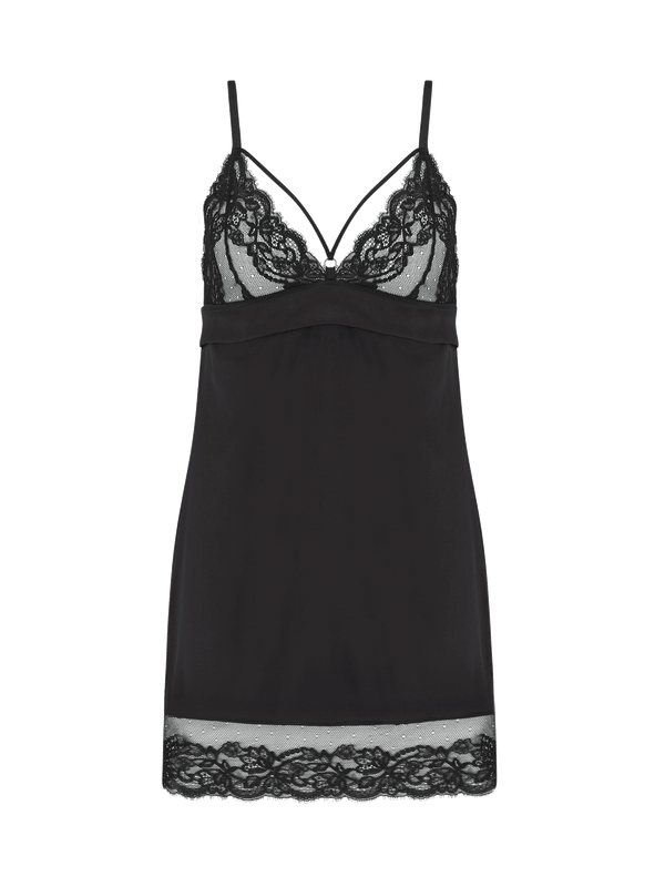 A black silk slip dress with French Leaver's lace detailing, featuring slim straps and a triangle lace cup design.