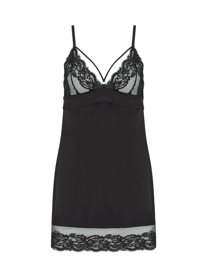 A black silk slip dress with French Leaver's lace detailing, featuring slim straps and a triangle lace cup design.
