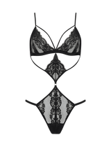 An elegant Seraphine black open playsuit with intricate Leaver's lace detailing and silk shoulder straps.